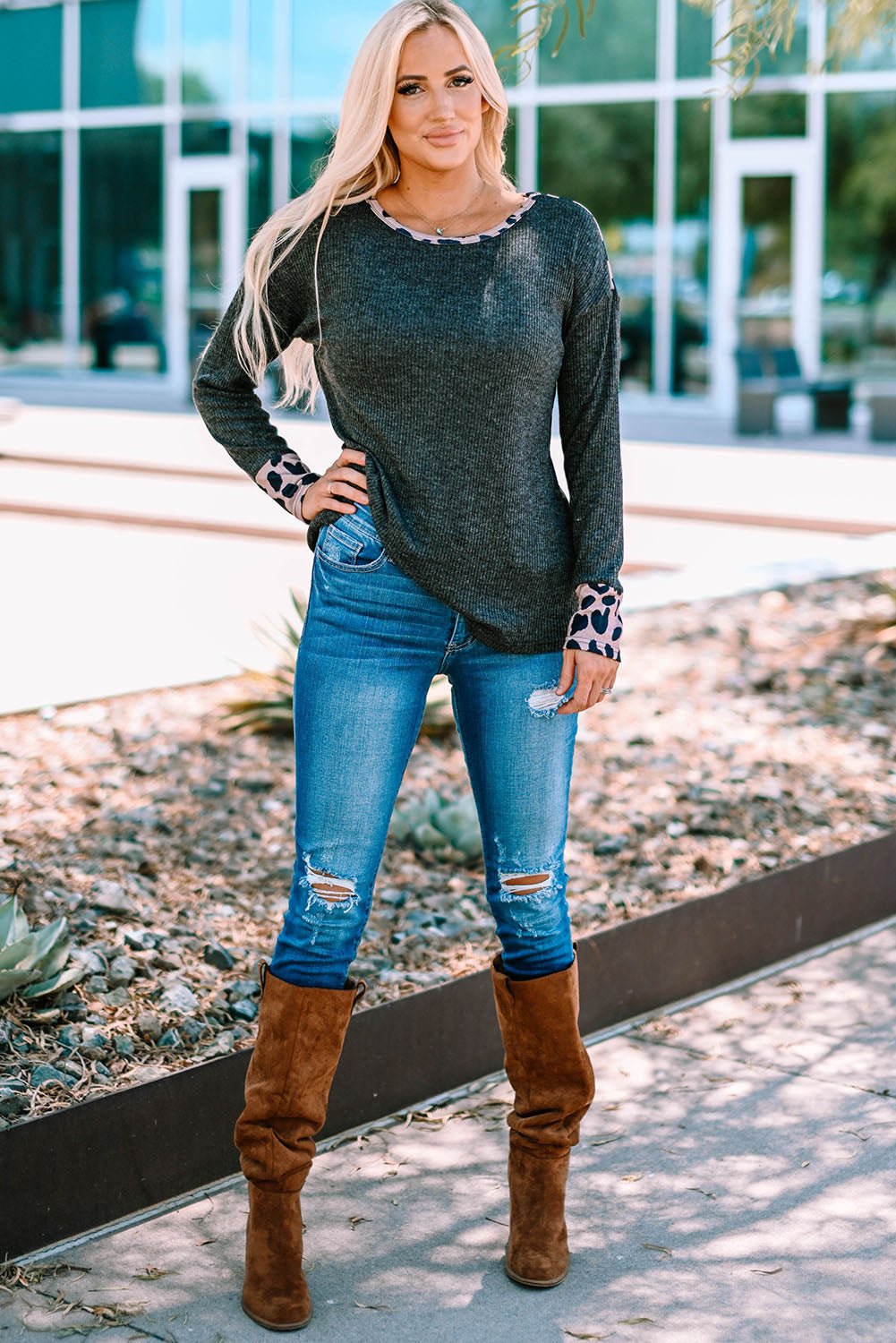 Leopard Round Neck Ribbed Top - Shah S. Sahota