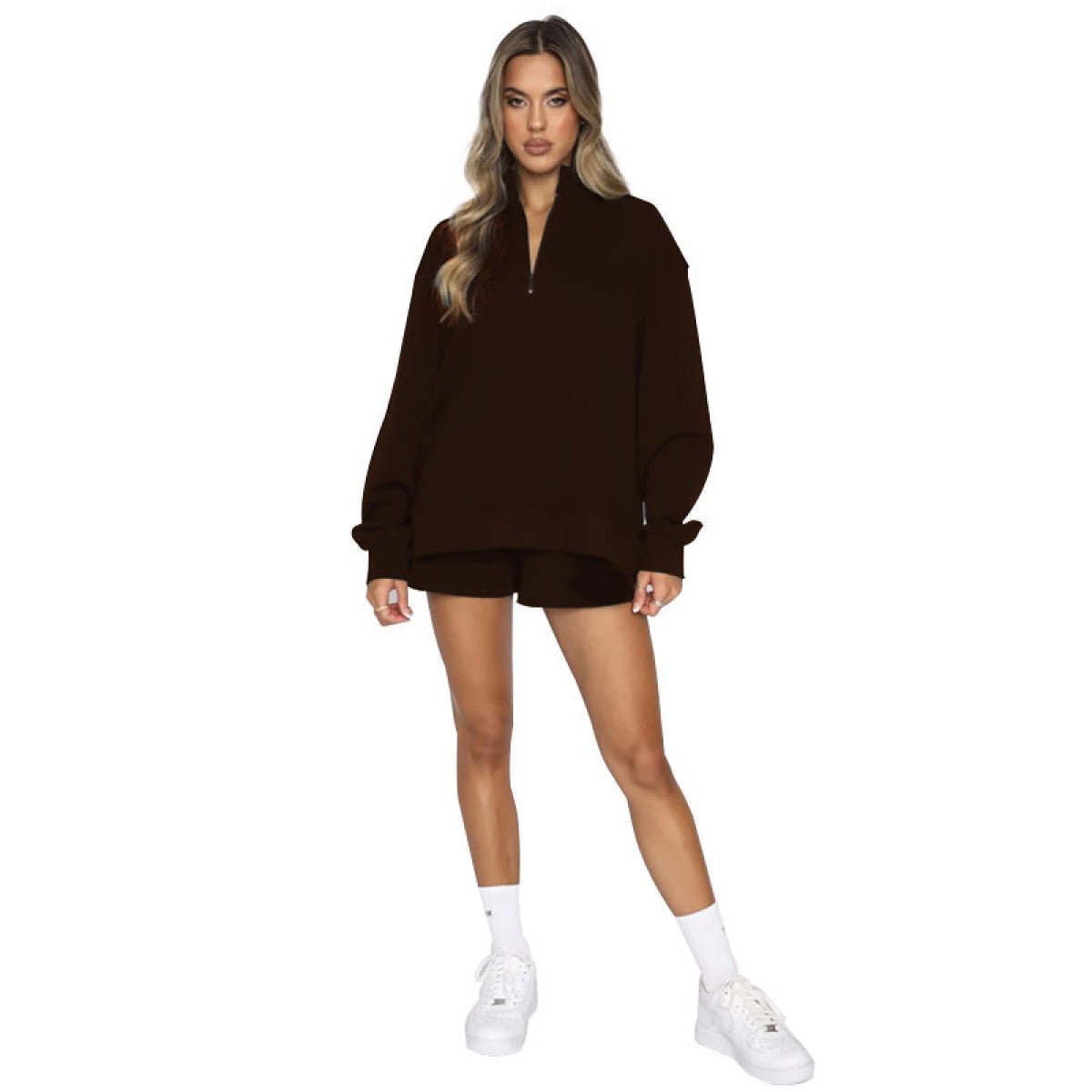 Stand-Up Collar Zipper Pullover Long-Sleeved Sweatshirts & Tie Shorts Lounge Sets - Shah S. Sahota