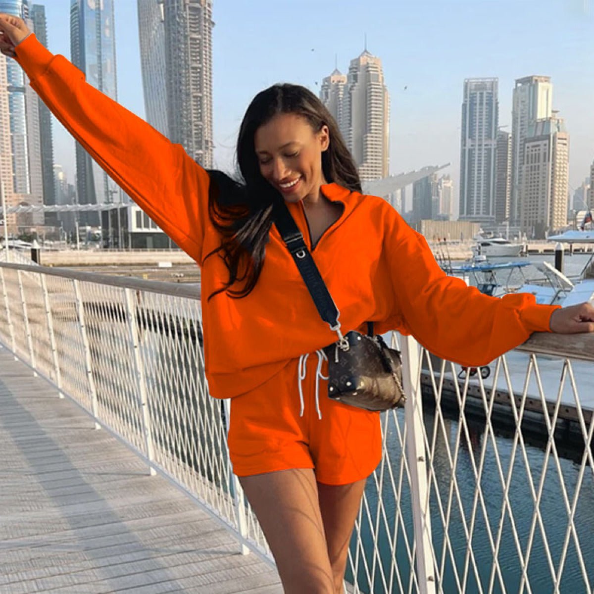 Stand-Up Collar Zipper Pullover Long-Sleeved Sweatshirts & Tie Shorts Lounge Sets - Shah S. Sahota