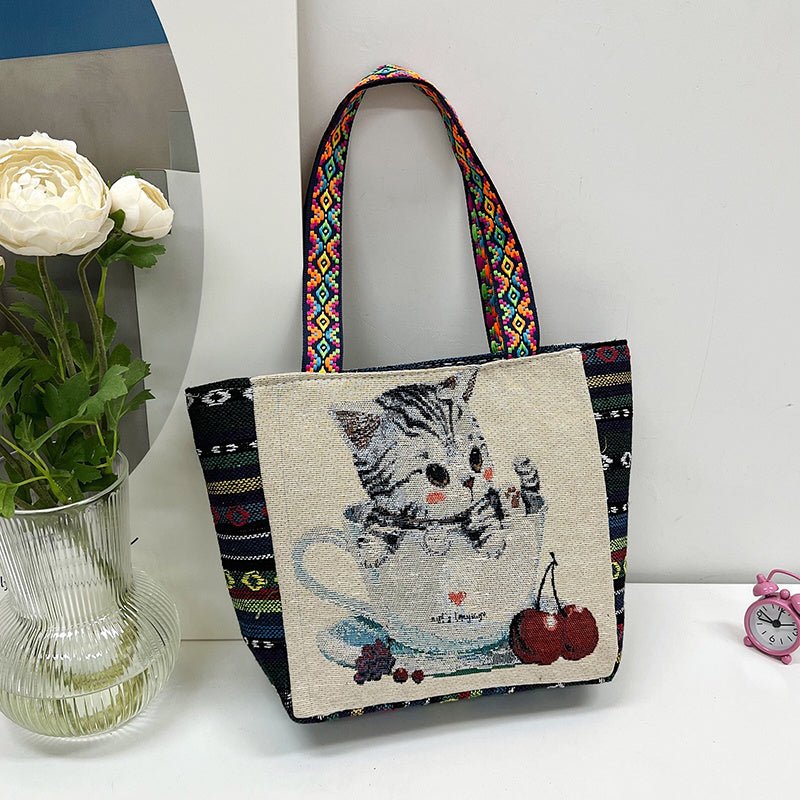 Literary Embroidered Tote Bag, Women's Ethnic Style Handbag, Reusable Shopping Shoulder Bag - Shah S. Sahota