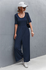 Scoop Neck Half Sleeve Wide Leg Jumpsuit - Shah S. Sahota