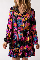 Abstract Print Belted Ruffle Hem Dress - Shah S. Sahota