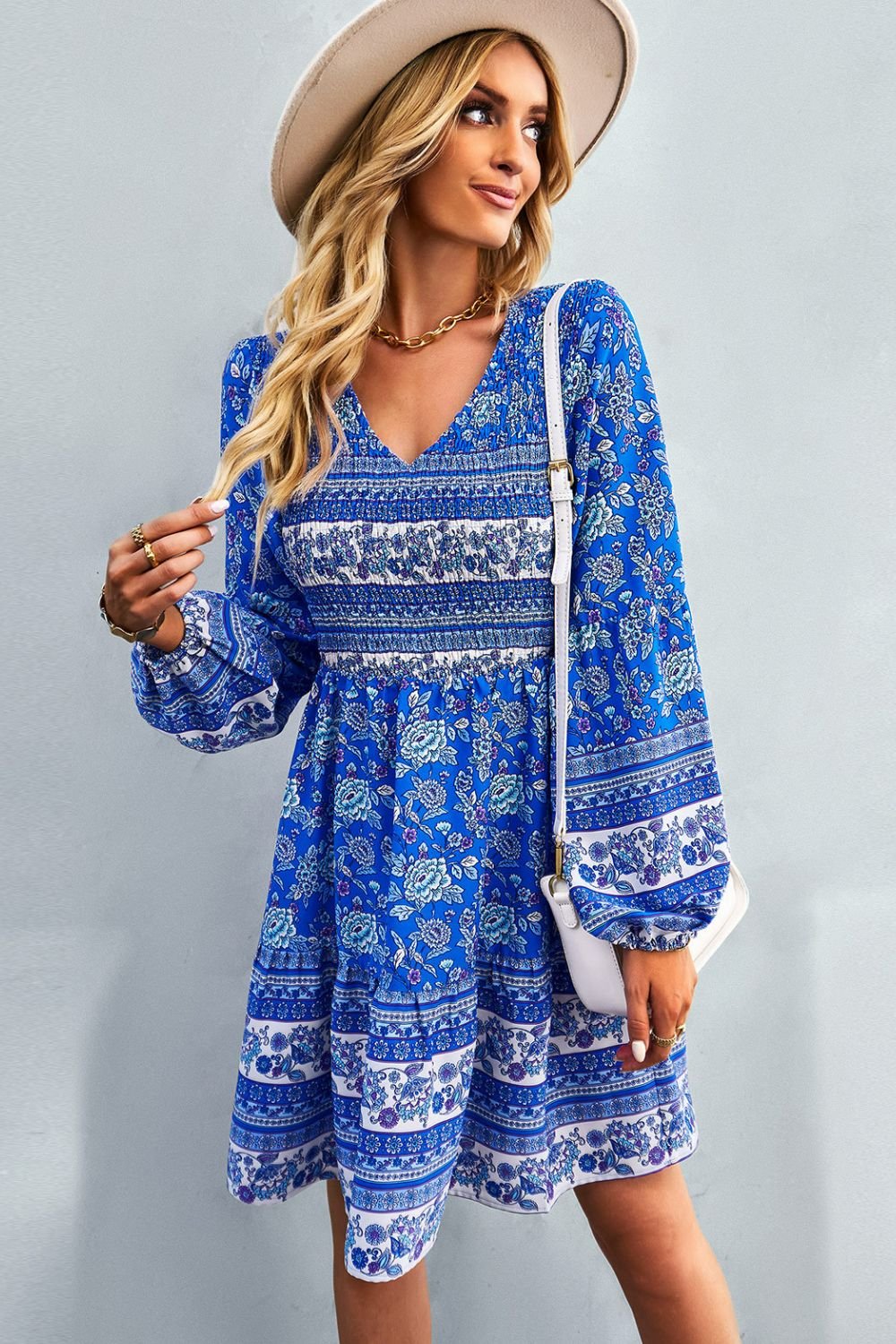 Bohemian V-Neck Balloon Sleeve Dress - Shah S. Sahota