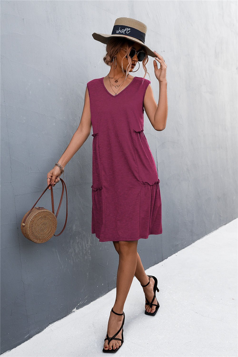 V-Neck Frill Trim Sleeveless Dress - Shah S. Sahota