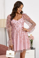 Applique Mesh Zip-Back Flounce Sleeve Dress - Shah S. Sahota