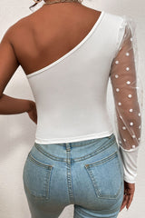 Polka Dot Spliced Mesh Sleeve Cropped Top - Shah S. Sahota