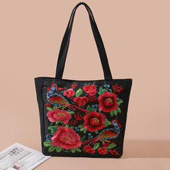 Flower & Bird Embroidered Tote Bag, Large Capacity Shoulder Bag, Stylish Handbag - Shah S. Sahota