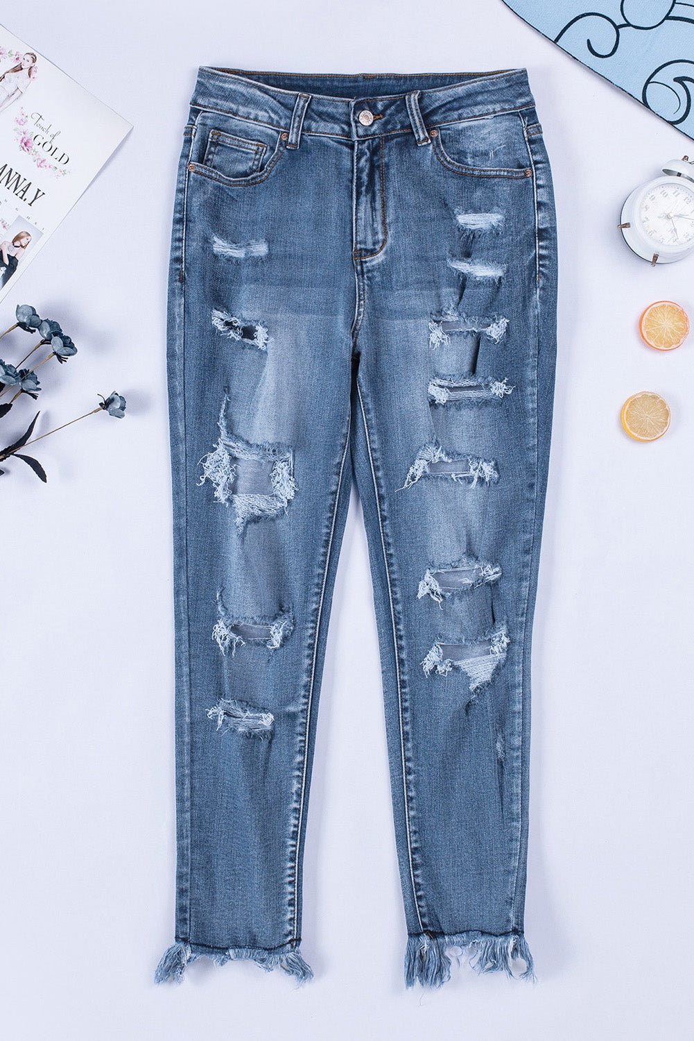 Distressed Frayed Hem Cropped Jeans - Shah S. Sahota