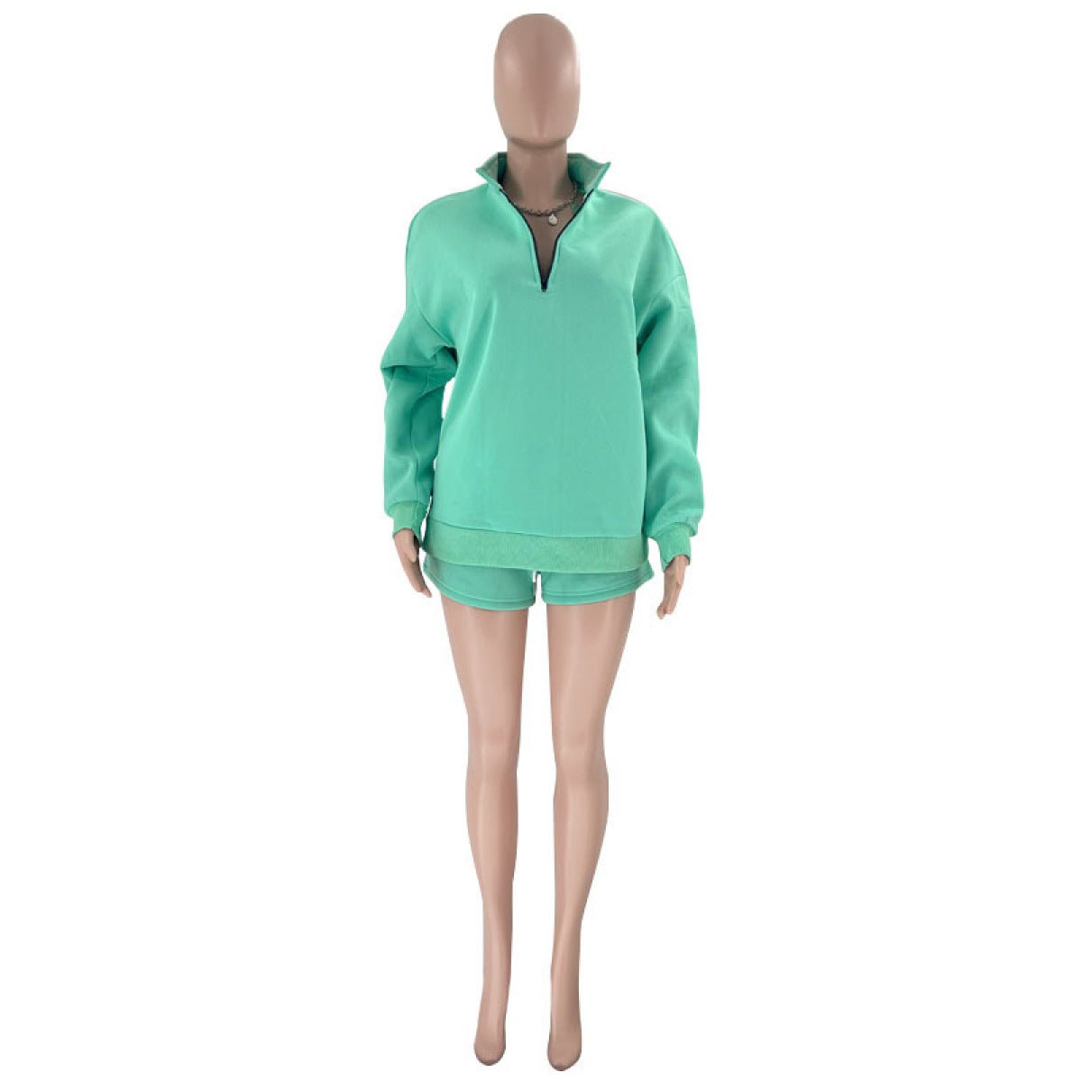 Stand-Up Collar Zipper Pullover Long-Sleeved Sweatshirts & Tie Shorts Lounge Sets - Shah S. Sahota