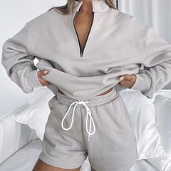 Stand-Up Collar Zipper Pullover Long-Sleeved Sweatshirts & Tie Shorts Lounge Sets - Shah S. Sahota