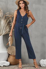 Belted V-Neck Sleeveless Jumpsuit with Pockets - Shah S. Sahota