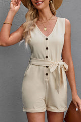 Button Front Belted Sleeveless Romper - Shah S. Sahota
