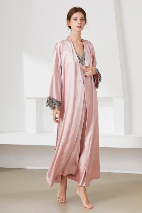 Contrast Lace Trim Satin Night Dress and Robe Set - Shah S. Sahota