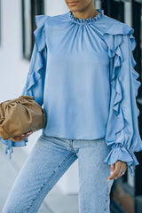 Ruffled Sleeve Frill Neck Gathered Detail Blouse - Shah S. Sahota