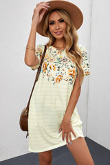 Floral Striped Short Sleeve Round Neck T-Shirt Dress - Shah S. Sahota