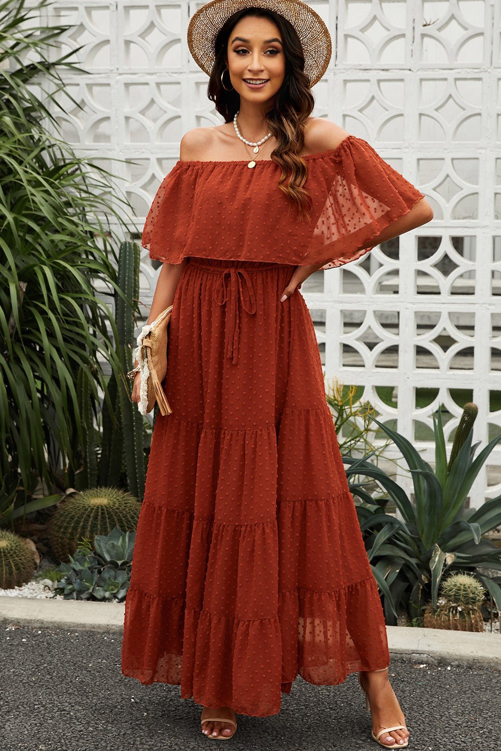 Swiss Dot Off-Shoulder Tiered Maxi Dress - Shah S. Sahota