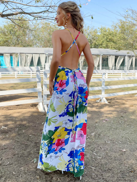 Floral Crisscross Backless Maxi Dress