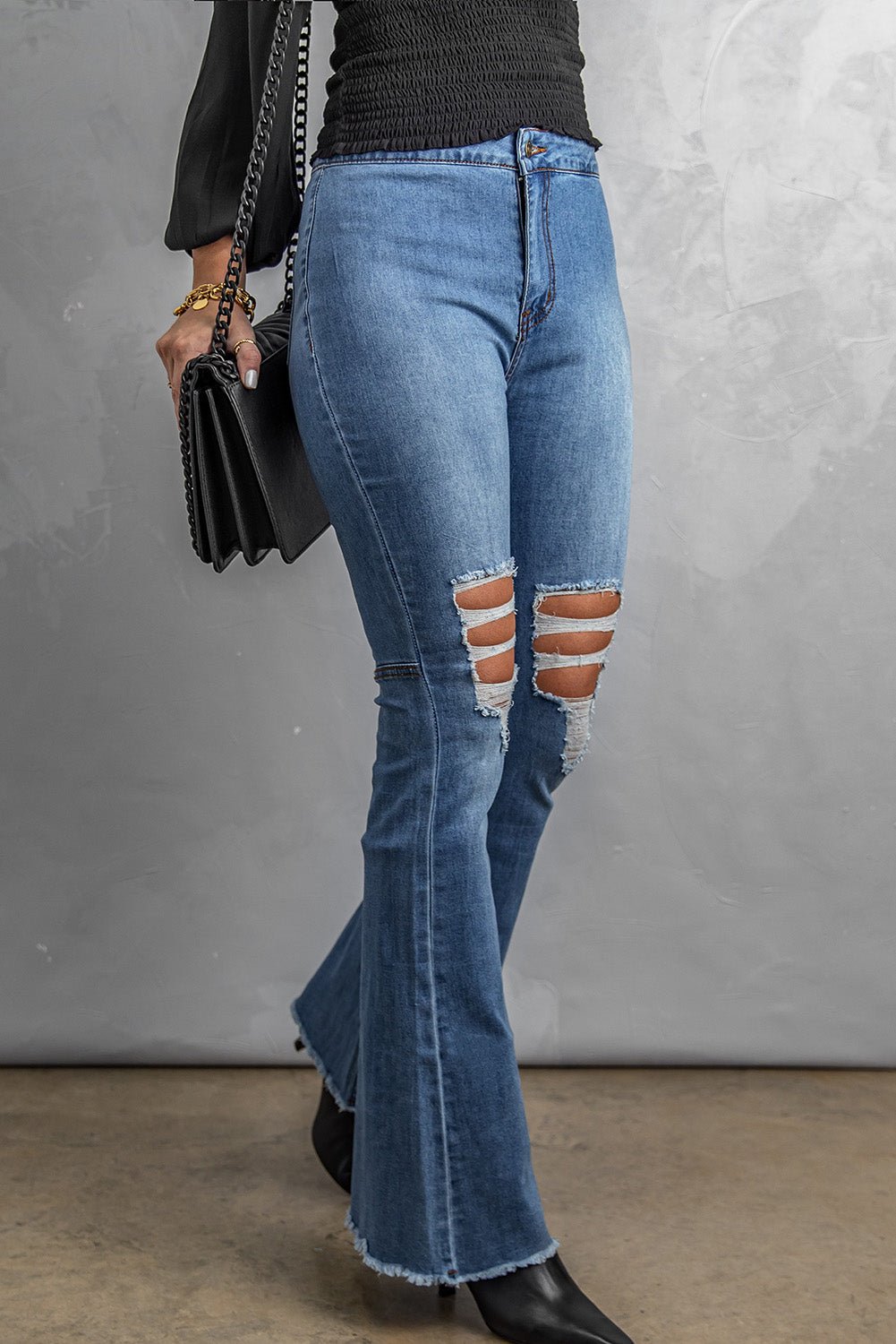Distressed Raw Hem High-Waist Flare Jeans - Shah S. Sahota