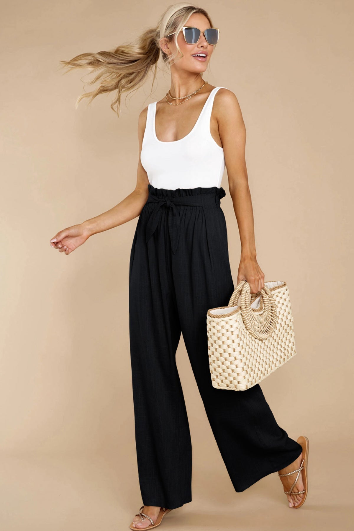 Casual High Rise Paperbag Waist Wide Leg Pants - Shah S. Sahota