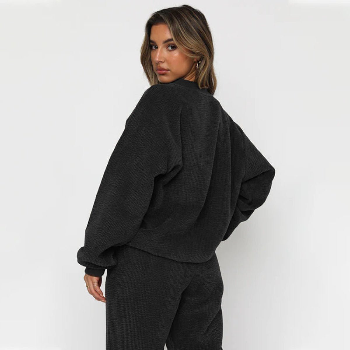 Corduroy Crew Neck Pullover Long Sleeve Sweatshirts & TiePants Two-Piece Sets - Shah S. Sahota