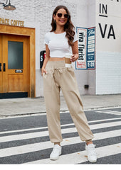 Casual Shirred Elastic High Waist Tie With Pocket Pants