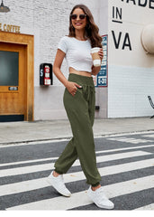 Casual Shirred Elastic High Waist Tie With Pocket Pants
