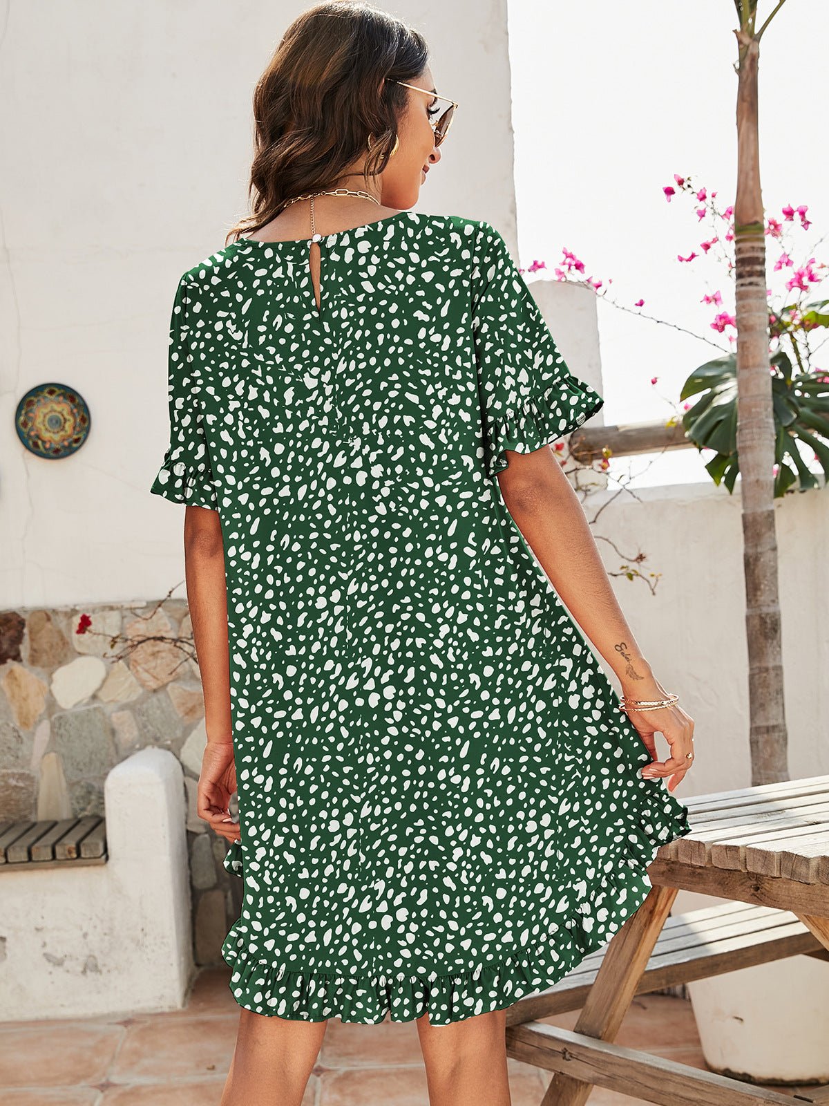 Printed Flounce Sleeve Ruffle Hem Dress - Shah S. Sahota
