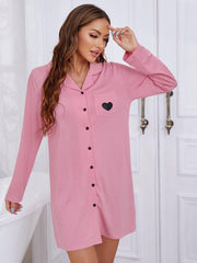 Heart Graphic Lapel Collar Long Sleeve Night Dress - Shah S. Sahota