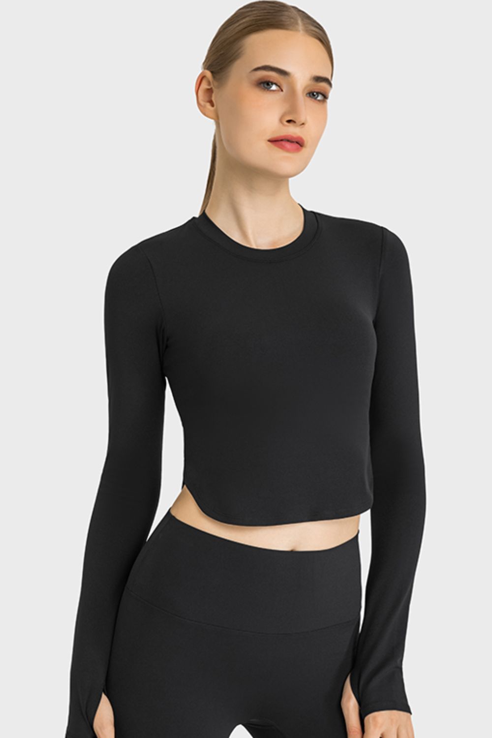 Side Slit Long Sleeve Round Neck Crop Top - Shah S. Sahota