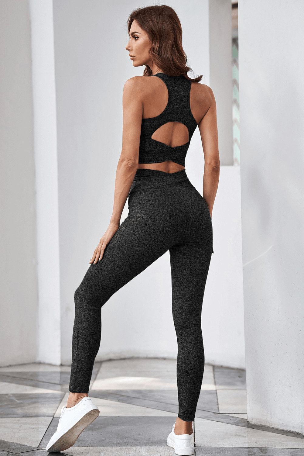 Gray Crisscross Sports Bra And Leggings Set - Shah S. Sahota