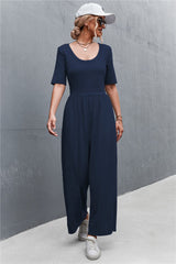 Scoop Neck Half Sleeve Wide Leg Jumpsuit - Shah S. Sahota
