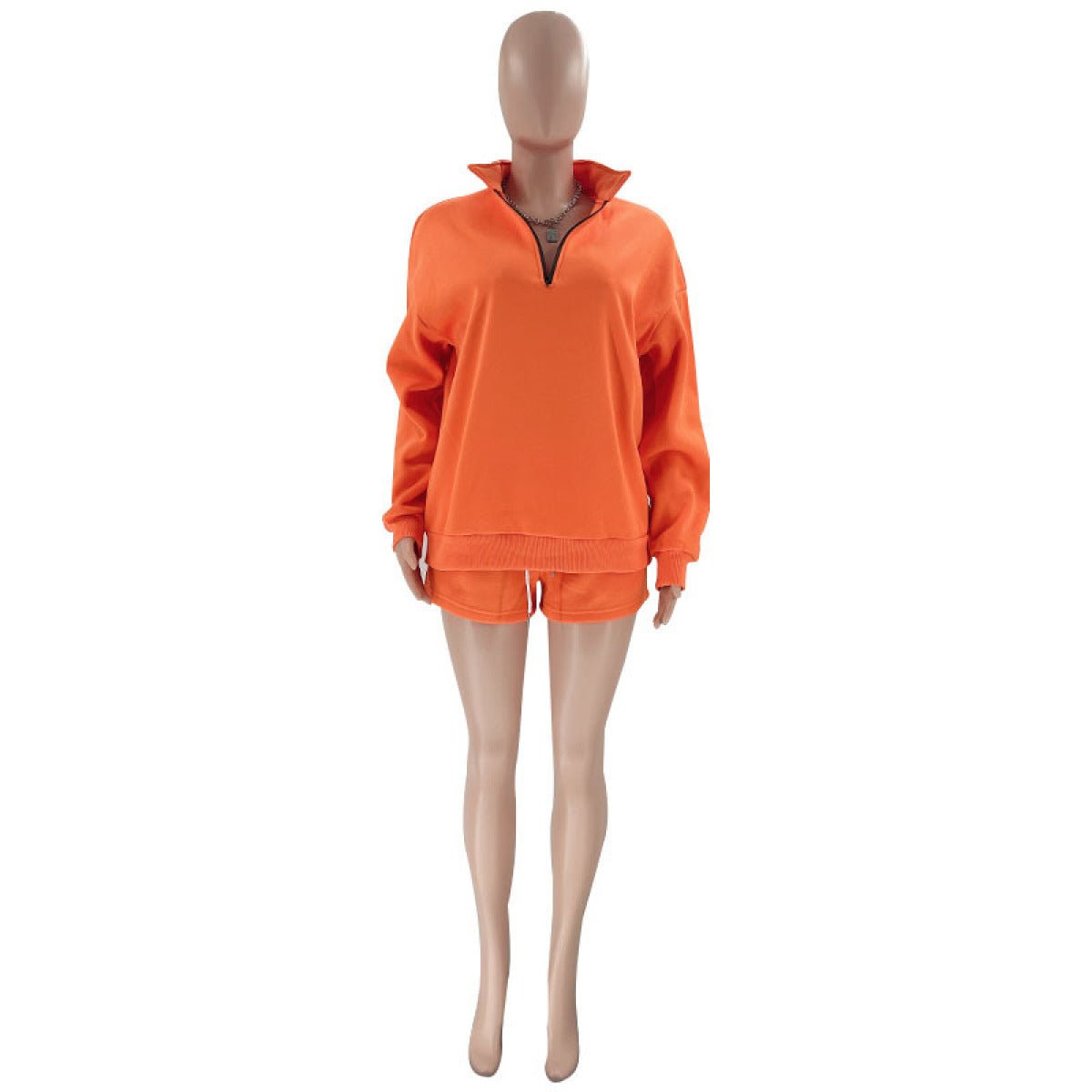 Stand-Up Collar Zipper Pullover Long-Sleeved Sweatshirts & Tie Shorts Lounge Sets - Shah S. Sahota