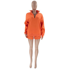 Stand-Up Collar Zipper Pullover Long-Sleeved Sweatshirts & Tie Shorts Lounge Sets - Shah S. Sahota