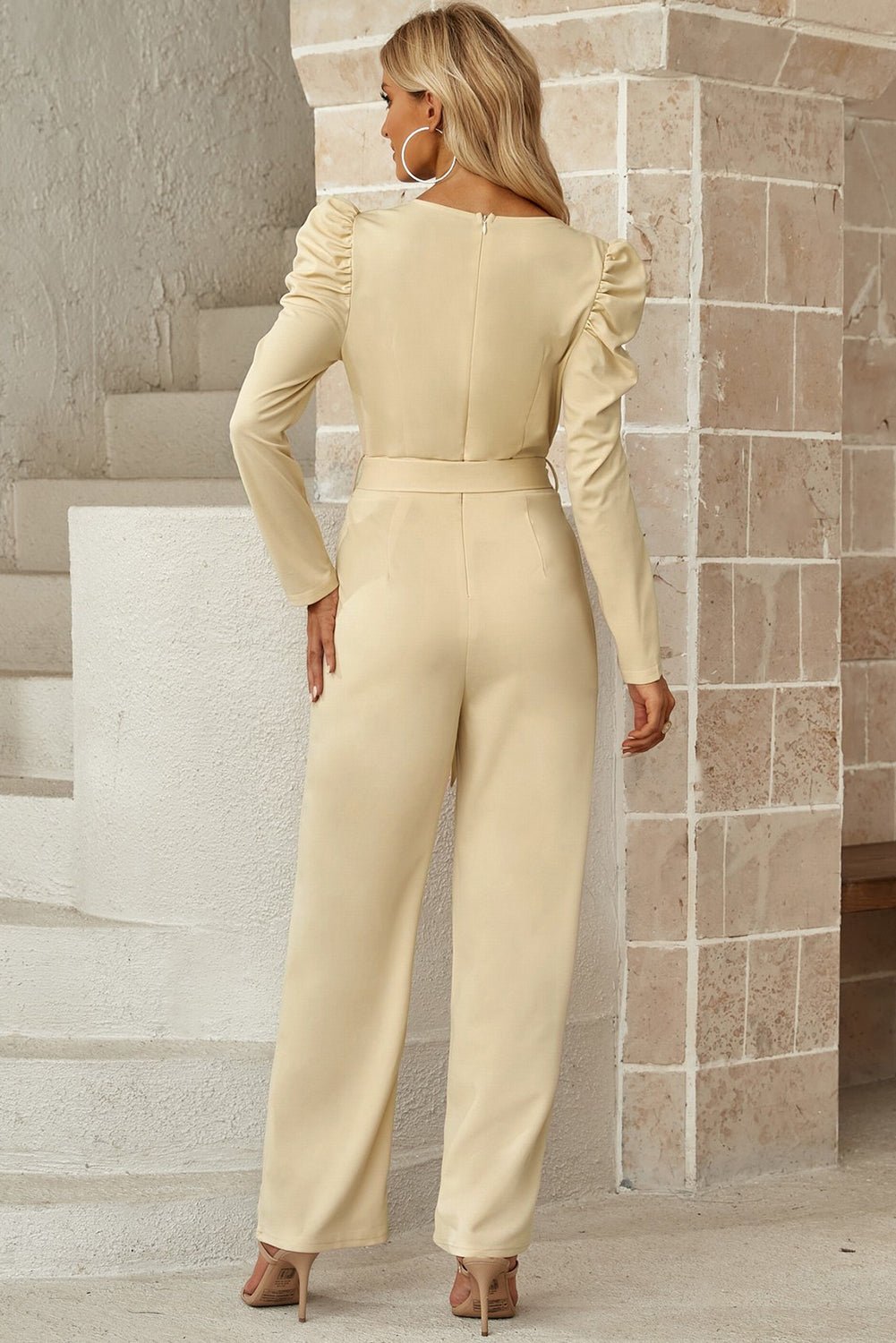 Belted Long Puff Sleeve V-Neck Jumpsuit - Shah S. Sahota