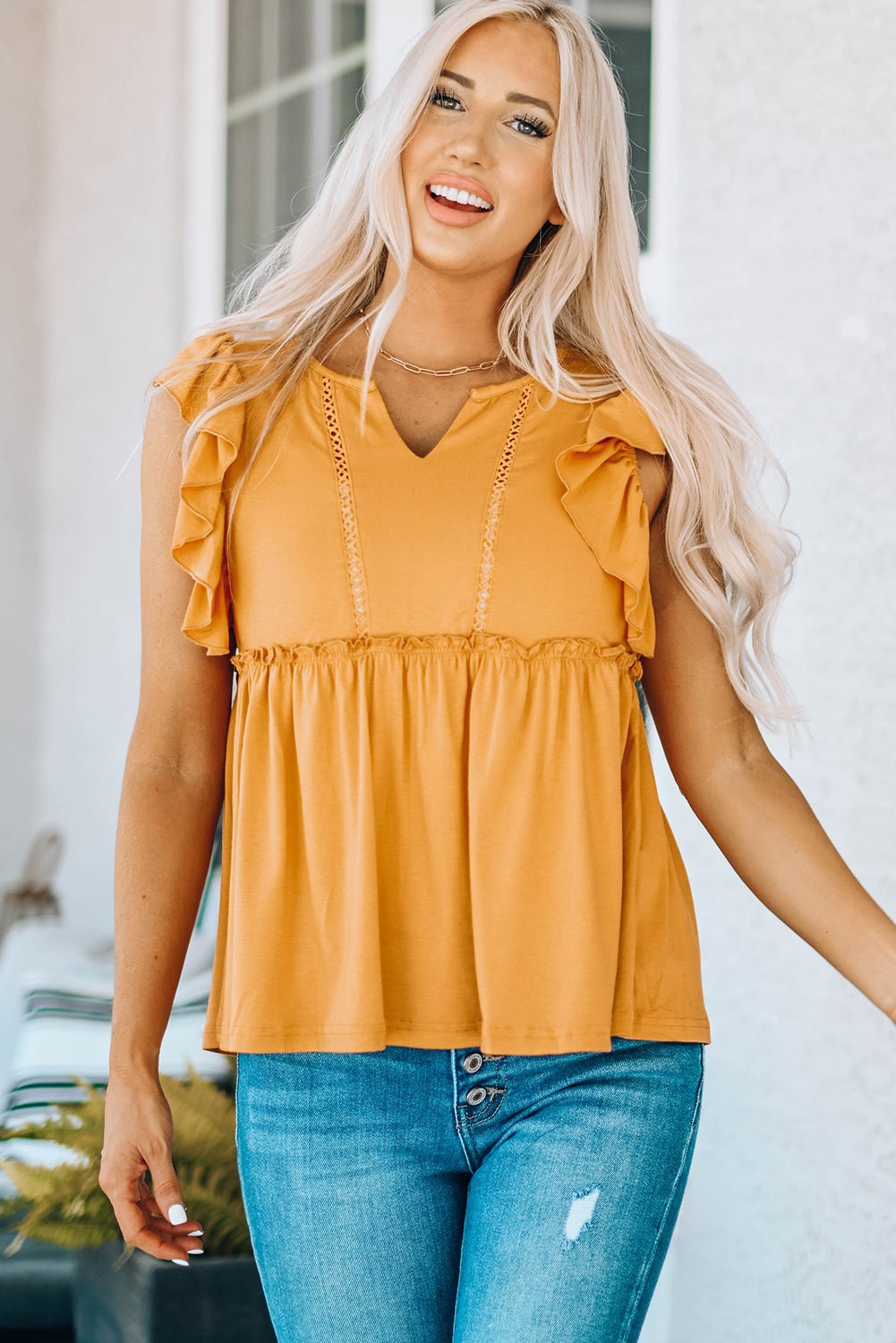 Ruffle Shoulder Frill Trim Babydoll Top - Shah S. Sahota