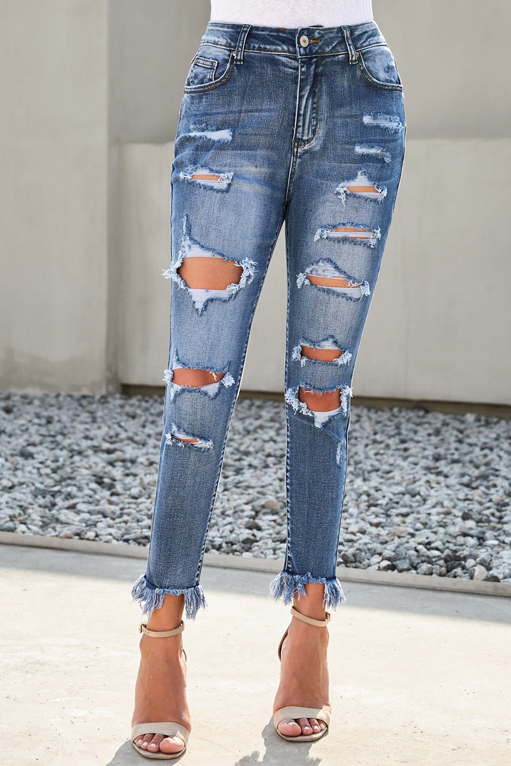 Distressed Frayed Hem Cropped Jeans - Shah S. Sahota