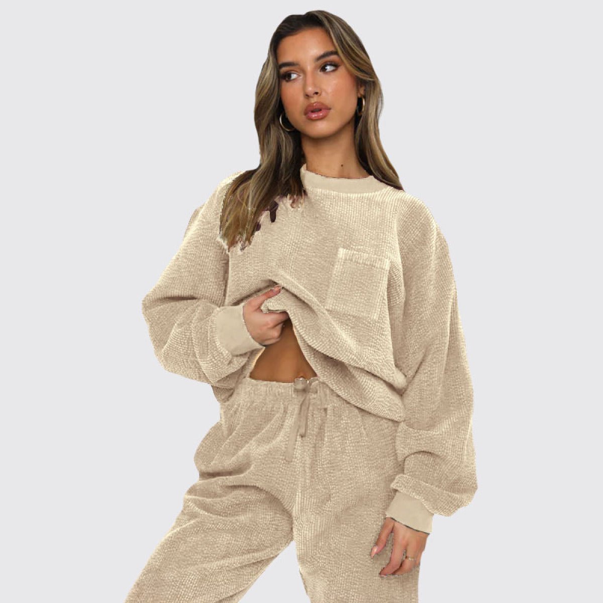 Corduroy Crew Neck Pullover Long Sleeve Sweatshirts & TiePants Two-Piece Sets - Shah S. Sahota