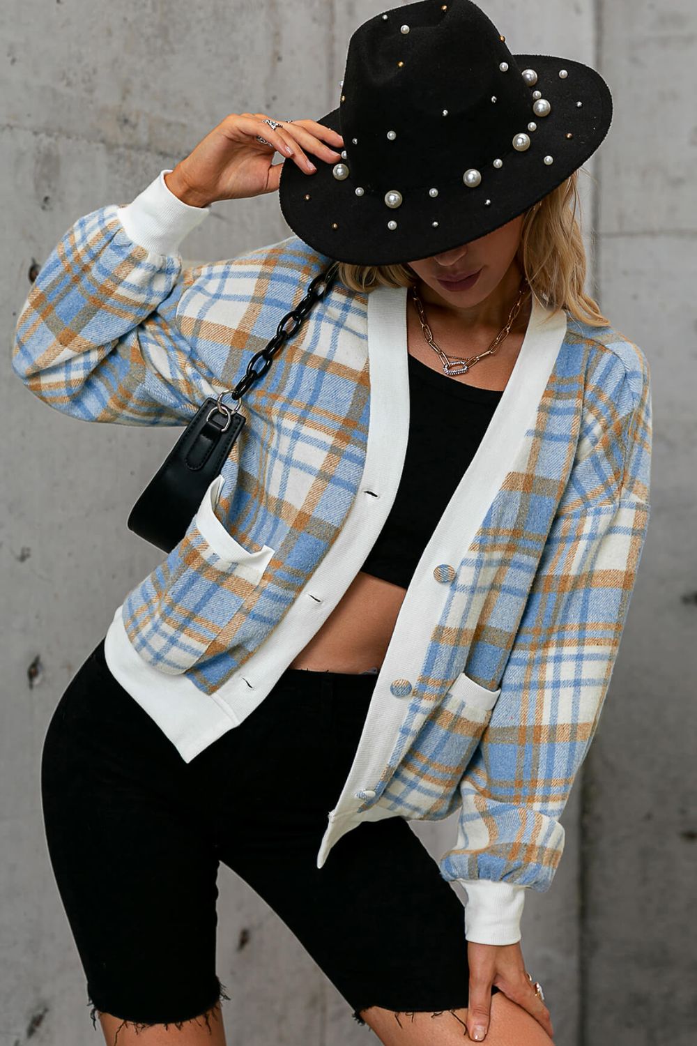 Plaid Button Down Jacket with Pockets - Shah S. Sahota