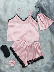 Lace Trim Cami, Shorts, Eye Mask, Scrunchie, and Bag Pajama Set - Shah S. Sahota