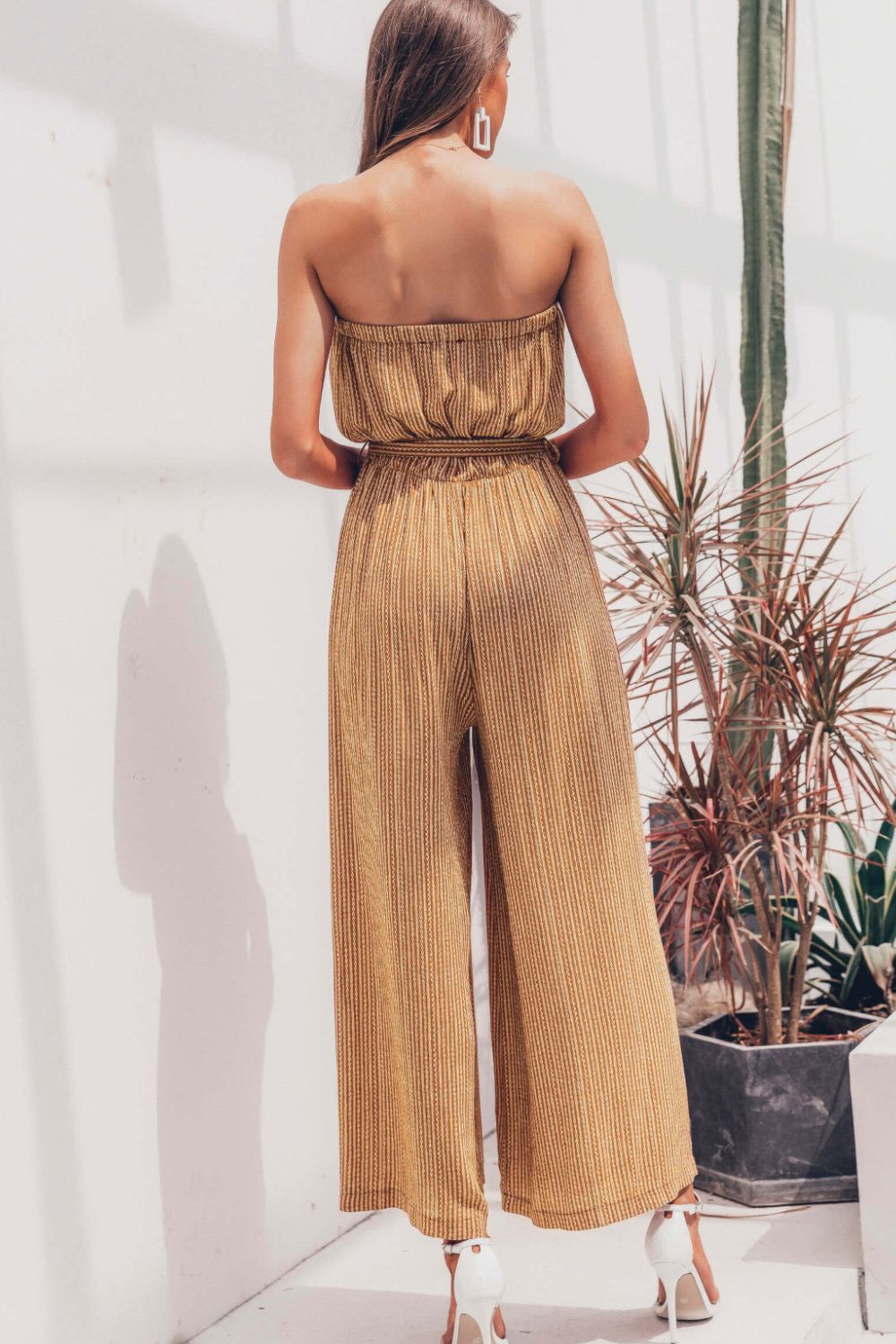 Striped Strapless Belted Wide Leg Jumpsuit - Shah S. Sahota