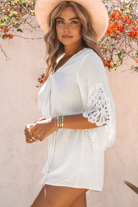 Lace Trim Surplice Flare Sleeve Romper - Shah S. Sahota