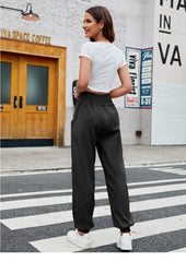 Casual Shirred Elastic High Waist Tie With Pocket Pants