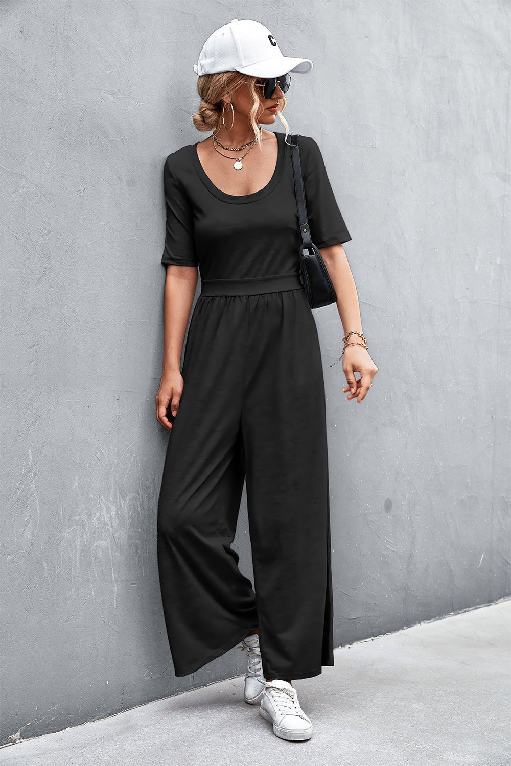 Scoop Neck Half Sleeve Wide Leg Jumpsuit - Shah S. Sahota