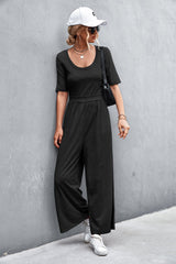 Scoop Neck Half Sleeve Wide Leg Jumpsuit - Shah S. Sahota