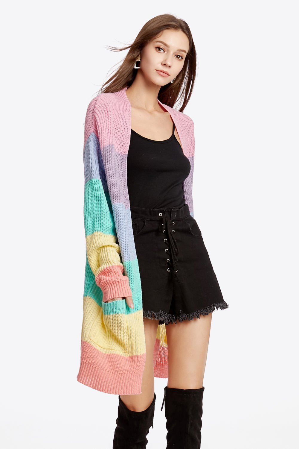 Color Block Open Front Drop Shoulder Cardigan with Pockets - Shah S. Sahota