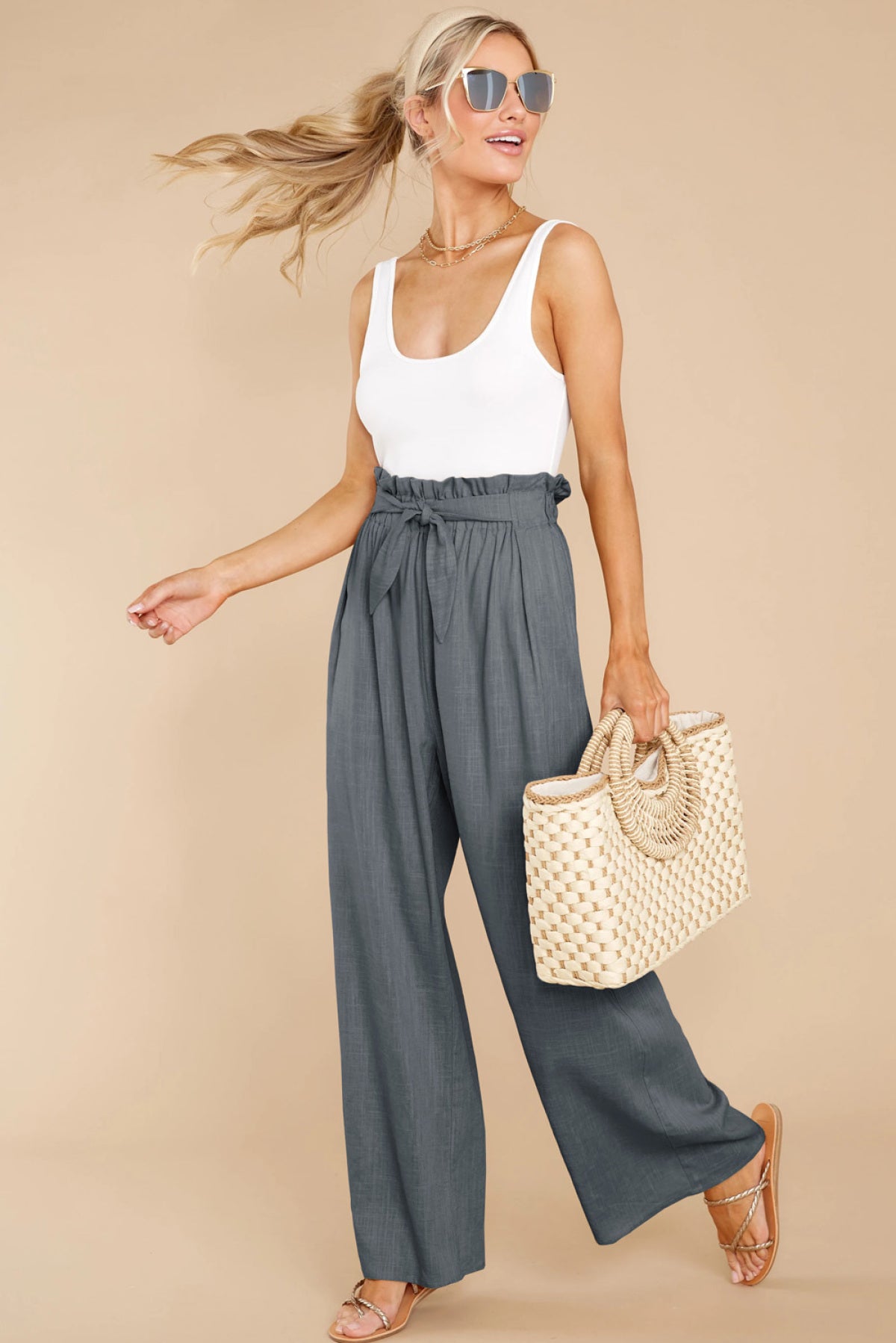 Casual High Rise Paperbag Waist Wide Leg Pants - Shah S. Sahota