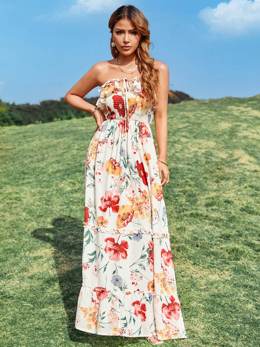 Floral Strapless Frill Trim Tiered Dress - Shah S. Sahota