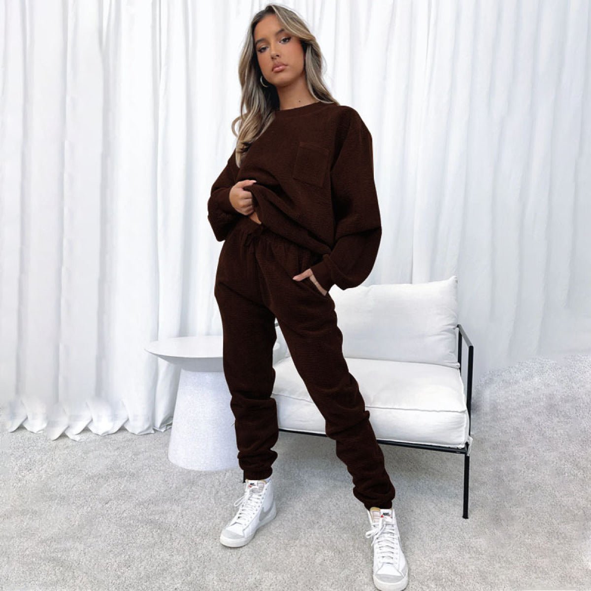 Corduroy Crew Neck Pullover Long Sleeve Sweatshirts & TiePants Two-Piece Sets - Shah S. Sahota