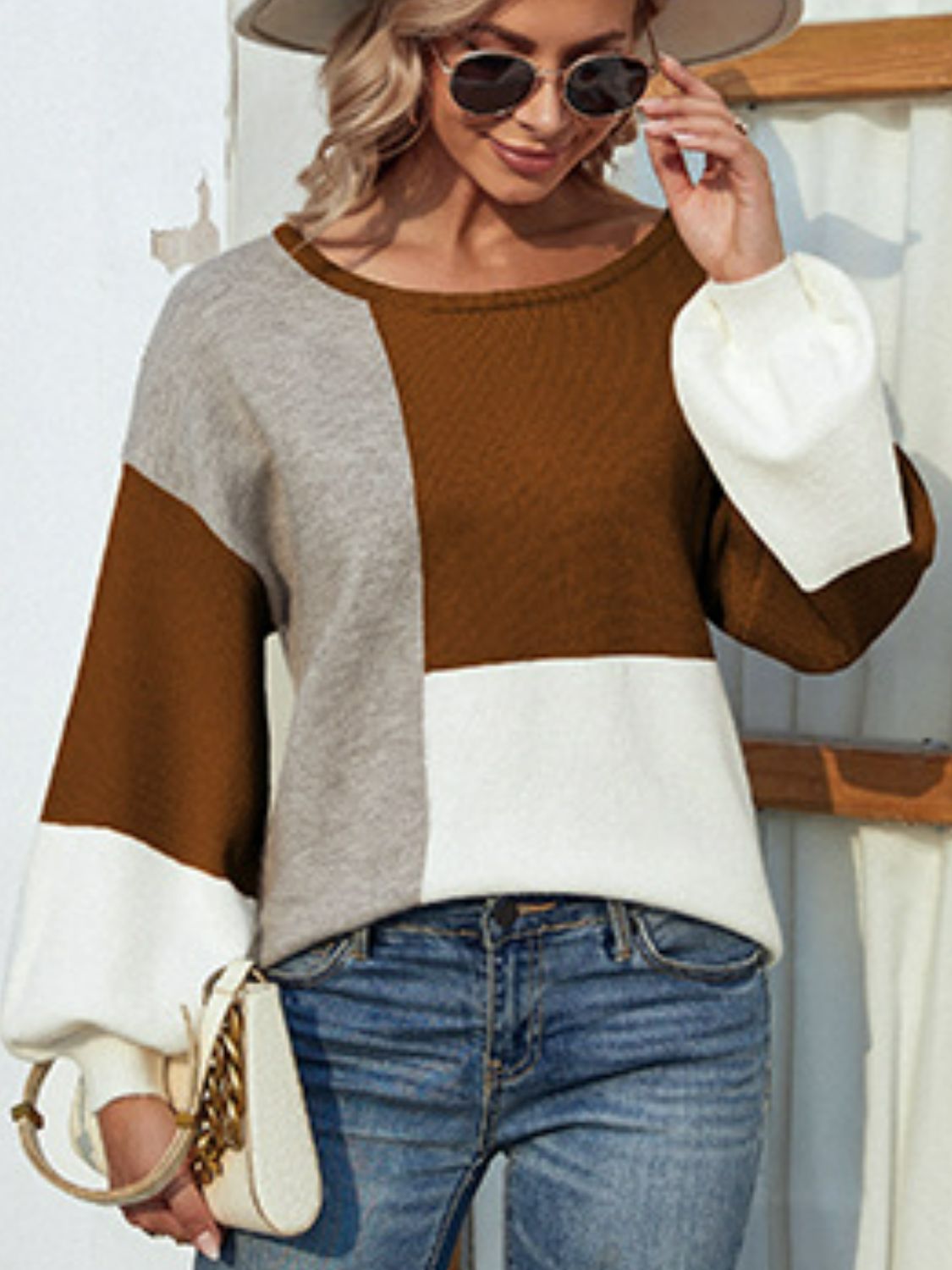 Color Block Tie Back Lantern Sleeve Sweater - Shah S. Sahota