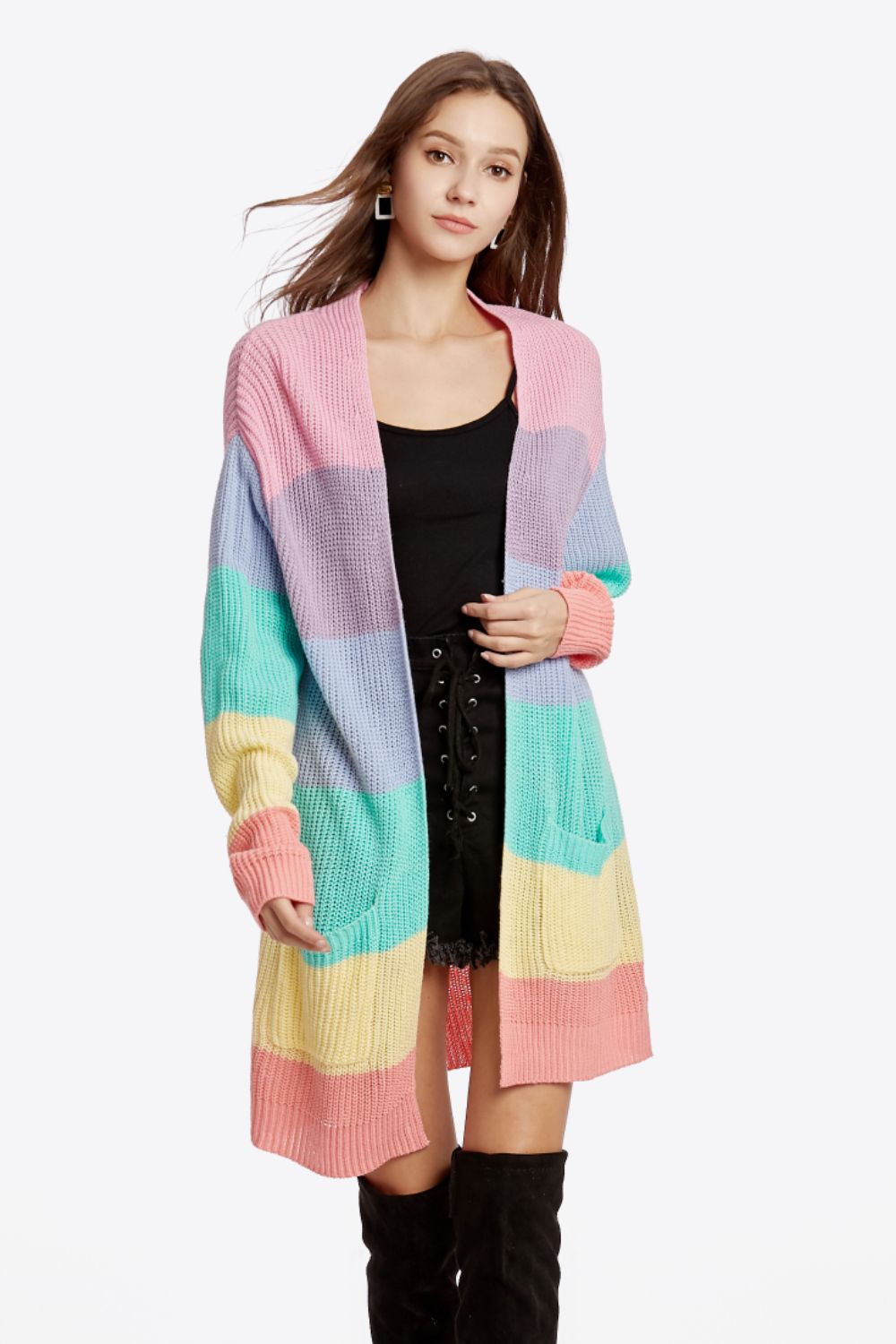 Color Block Open Front Drop Shoulder Cardigan with Pockets - Shah S. Sahota